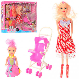 Кукла 661D-2 (48шт)  27см, дочка 10см, платья, коляска, в кор-ке, 38-33-6см