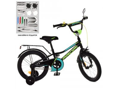 Велосипед детский PROF1 16д. Y16224 (1шт) Prime, черный (мат),звонок,доп.колеса