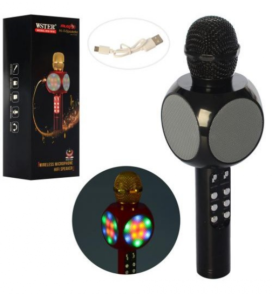 Микрофон 1816-black (40шт) 27см, аккум,звук,свет, Bluetooth,TFслот,USBзар,черный,в кор,29,5-10,5-9с Фото
