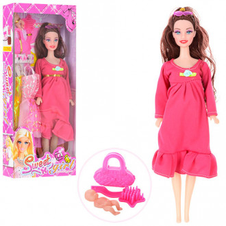 Кукла с нарядом 0308A (96шт) беременная,28см пупс 4см,платья,расческа,сумочка,в кор-ке,33-14-4,5см