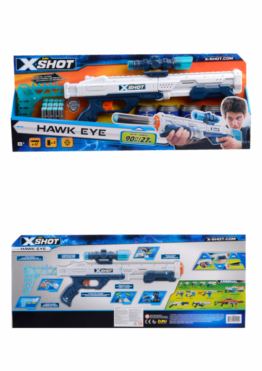 X-Shot Скорострельный бластер EXCEL Hawk Eye (12 патронов, 5 банок) 60*6*24см Фото