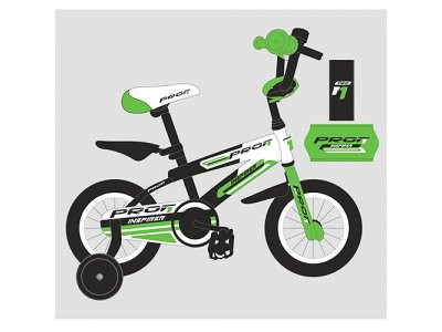Велосипед детский PROF1 12д. G1254 (1шт) Inspirer,черно-бел-салат(мат),звонок,доп.кол