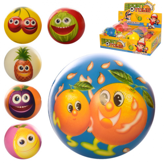 Мяч детский фомовый E4020 (288шт) 9,5см, фрукты, 12шт(микс видов) в дисплее, 38-28-10см Фото
