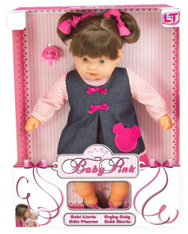 Лялька 45 см, смокче соску та плаче. У джинсовому сарафані і рожевій кофтинці.