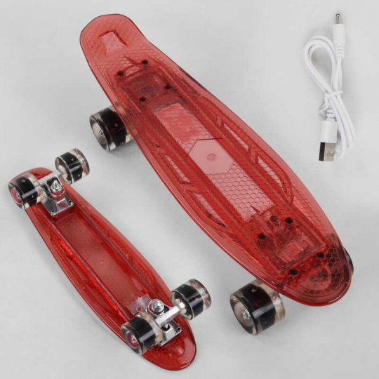 Скейт Пенни борд S-30966 Best Board (7) прозрачная дека со светом, колёса PU со светом, зарядка USB Фото