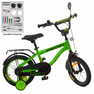 Велосипед детский PROF1 14д. SY14152 (1шт)Space,зеленый,свет,звонок,зерк.,доп.колеса