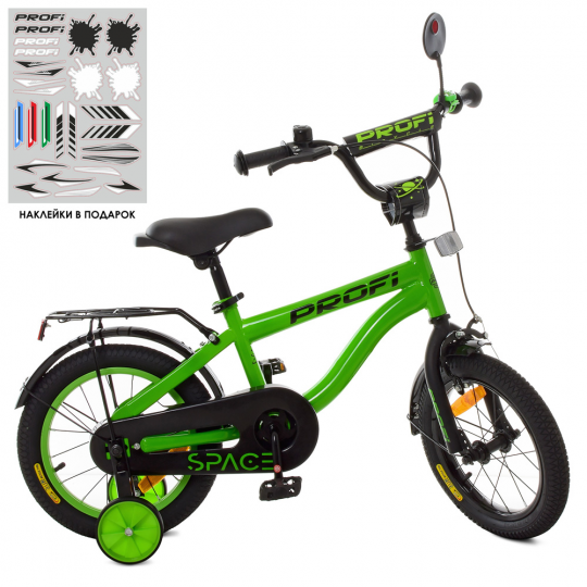 Велосипед детский PROF1 14д. SY14152 (1шт)Space,зеленый,свет,звонок,зерк.,доп.колеса Фото