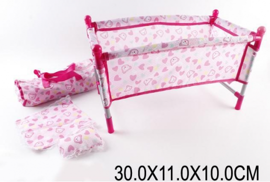 Кроватка металл CS7860 (36шт/2) для куклы до 45см, с одеялом, подушкой, в сумке 11*10*30см Фото