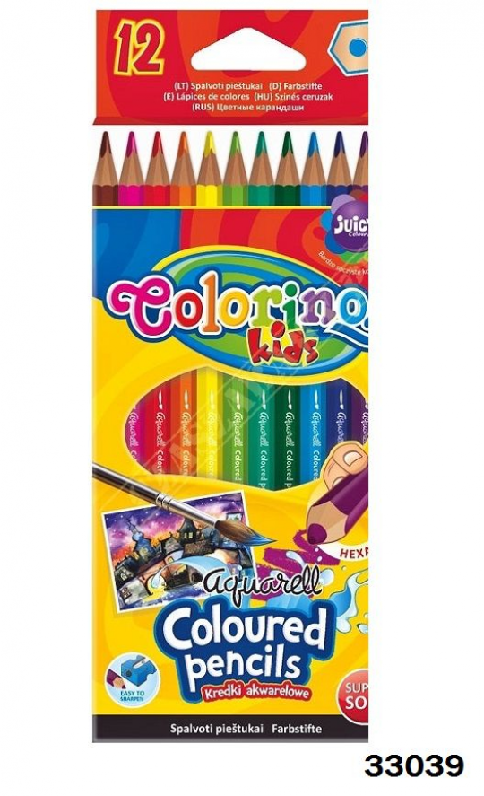 Карандаши цветные, акварельные, шестигранные + кисточка, 12 цветов, ТМ Colorino Фото