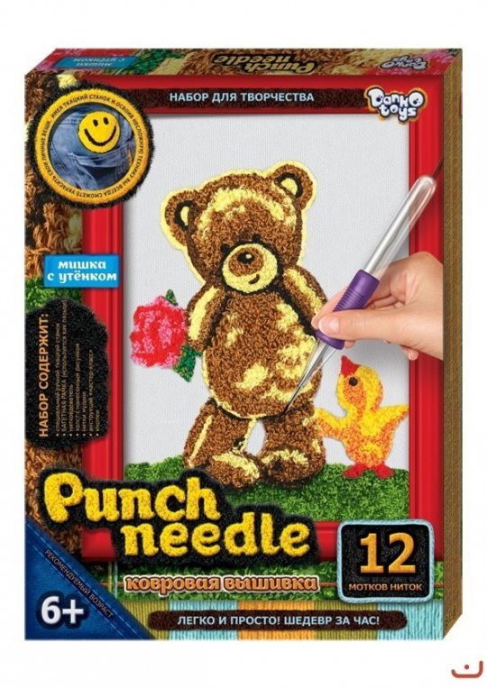 Ковровая вышивка Punch Needle Мишка с цветком с фото вышитой картины Фото