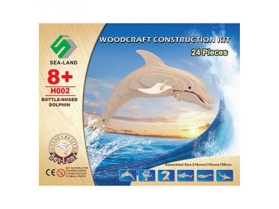 Конструктор H002 (30шт) деревянные пазлы 3D, дельфин, 24дет, в кор-ке, 23-18,5-1,5см