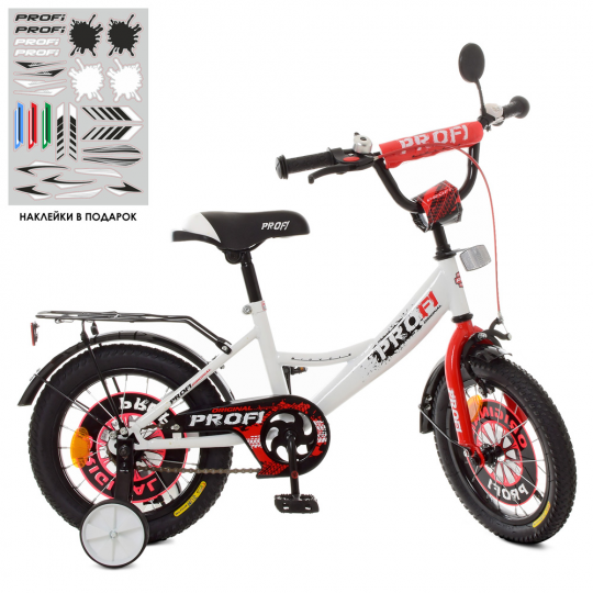 Велосипед детский PROF1 14д. XD1445 (1шт) Original boy,бело-красный,свет,звонок,зерк.,доп.колеса Фото