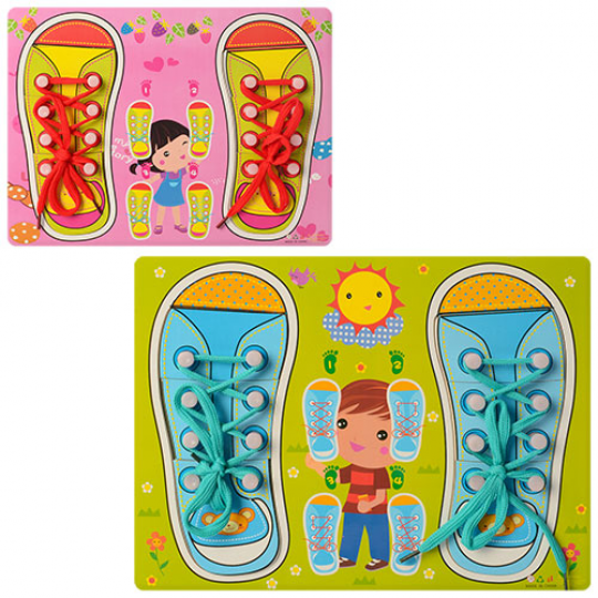 Деревянная игрушка Шнуровка обувь, 2 вида, в пак.30*22.5*1см (75шт) Фото