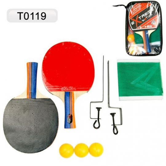 Теннис настольный T0119 (30шт) 2 ракетки + 3 мячика+сетка, в чехле 25*15см Фото