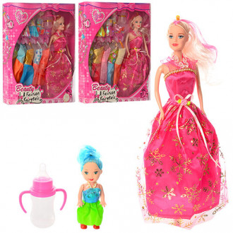 Кукла с нарядом 30A-9 (48шт) 28см, дочка 10см, платья, бутылочка, 3вида, в кор-ке, 30-32-6см