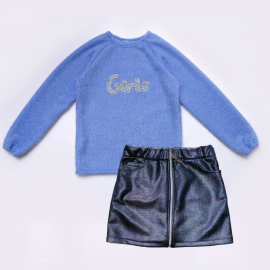 Комплект SmileTime для девочки свитер и юбка Holiday, синий Фото