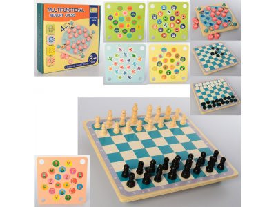 Деревянная игрушка Игра MD 2211 (20шт) 4в1, шашки,шахматы, фишки,карточки,в кор-ке, 25-23-4,5см