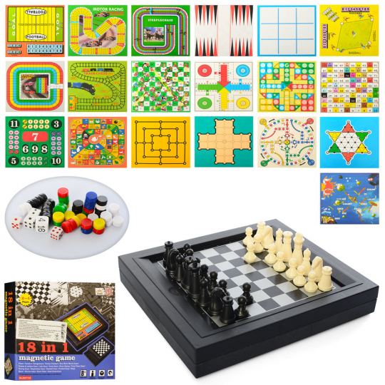 Настольная игра QX7742  18 в 1,игровое поле, 17-17 см, магнитная, шахматы, шашки, фишки Фото