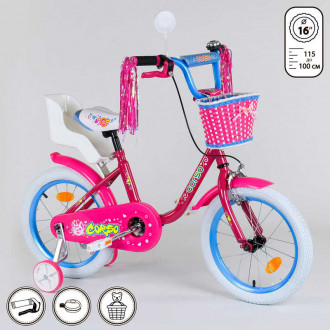 Велосипед 16&quot; дюймов 2-х колёсный 1647 &quot;CORSO&quot; (1) новый ручной тормоз, звоночек, кресло для куклы, корзинка, доп. колеса, СОБРАННЫЙ НА 75% в коробке