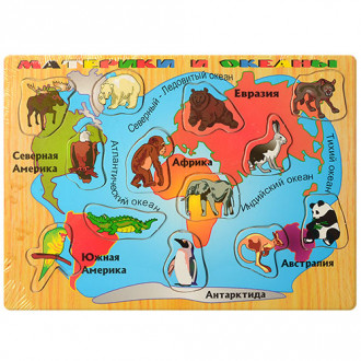 Деревянная игрушка Рамка-вкладыш, карта+животные, в пак. 29,5*21,5*0,5см (144шт)