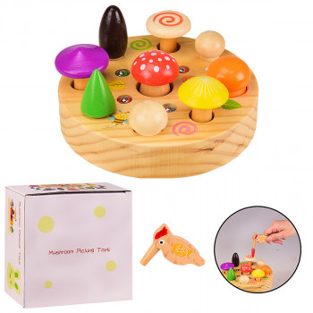 Деревянная игрушка WD2709 магнитные червячки, грибочки в коробке 16,5*16,5*9 см, р-р игрушки – 16*16*3.2 см