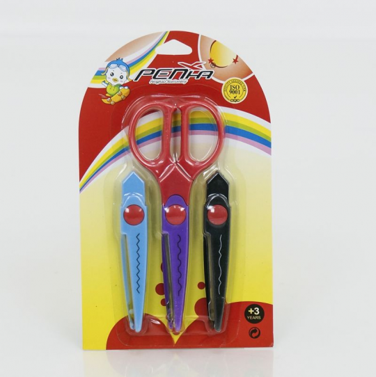 Ножницы фигурные, 3 цвета, 1шт на листе + 2 насадки, 15.5см (144шт) Фото