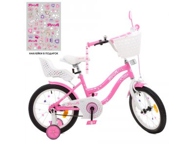 Велосипед детский PROF1 16д Y1691-1K (1шт) Star,SKD75,розов,звонок,фонарь,корзина,сид куклы,доп.кол