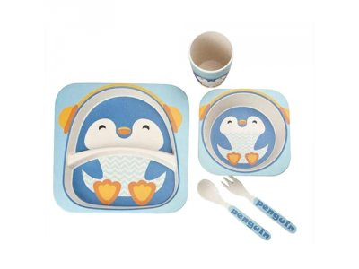 Посуда детская бамбук &quot;Пингвин&quot; 5пр/наб (2тарелки, вилка, ложка, стакан) MH-2770-11 (12наб)