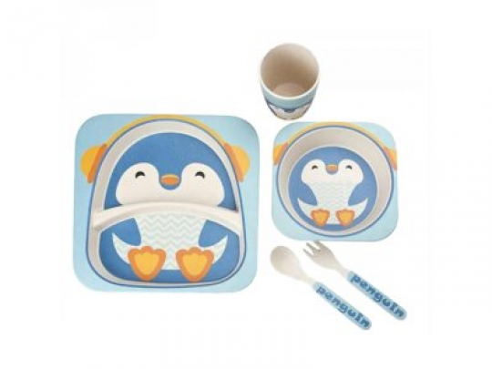 Посуда детская бамбук &quot;Пингвин&quot; 5пр/наб (2тарелки, вилка, ложка, стакан) MH-2770-11 (12наб) Фото
