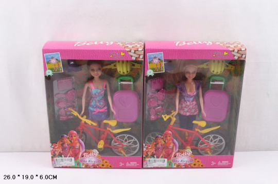 Кукла 2 вида, велосипед, шлем,чемодан, аксес, в кор.26*19*6см /108-3/ Фото