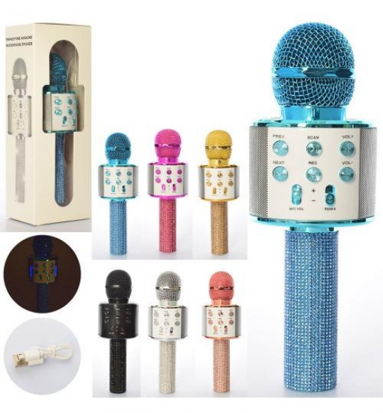Микрофон WS858 Lux (20шт) 23см,аккум, Bluetooth, TFслот,USBзарядное, 6цветов, в кор-ке, 29-8,5-10см Фото