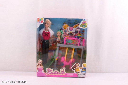 Кукла типа &quot;Барби&quot; с куколкой,качелька-лошадка подвесная,горка, в кор. 31*26*8см /36-2/ Фото