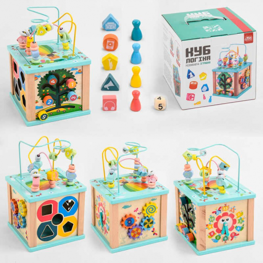 Деревянный Логический куб 25205 &quot;FUN GAME&quot;, пальчиковый лабиринт, сортер, часы, мини-игра, шестеренки, в коробке Фото