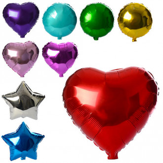 Шарики надувные фольгированные MK 1343 44см, 3вида(шар,сердце.звезда),микс цветов