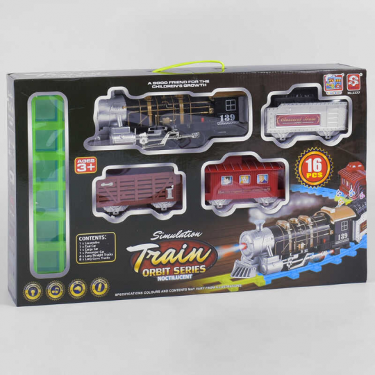 Железная дорога 3377 (12) поезд со звуком, светом прожектора и дымом, 16 деталей, в коробке Фото