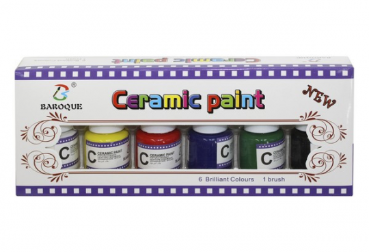 Краски для керамики, 6 цветов по 25мл + нейлоновая кисточка,в кор.10*24*4см Фото