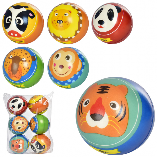 Мяч детский фомовый MS 3484 (120шт) 10см, 6видов, животные, упаковка 6шт Фото