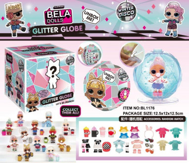 Кукла BELA DOLLS куклы с глиттерн волосами+аксес.внутри,шар с блестками,  свет, в кор 12,5*12,5*12см /80-2/