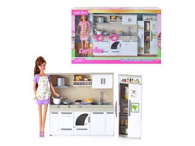 Кукла DEFA 6085 (12шт) кухня, продукты, посуда, 2 вида, свет, в кор-ке, 50-32-9см