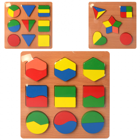 Деревянная игрушка Геометрика MD 2282 (60шт) фигуры, 3 вида, в кульке, 23-23-1,5см Фото