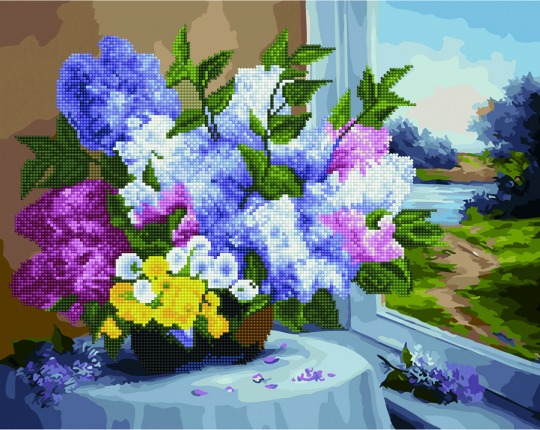 Алмазная картина-раскраска Цветы у окна, в термопакете 40*50см Фото