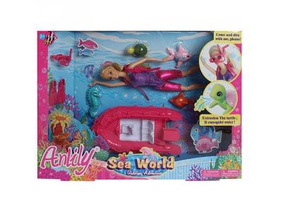 Кукла 99041 (24шт) шарнирнкая, 28см, водолаз, лодка20см, морские животные, в кор-ке, 46-33-7см