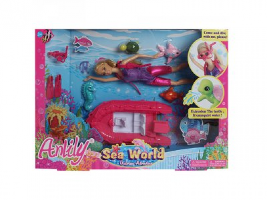 Кукла 99041 (24шт) шарнирнкая, 28см, водолаз, лодка20см, морские животные, в кор-ке, 46-33-7см Фото