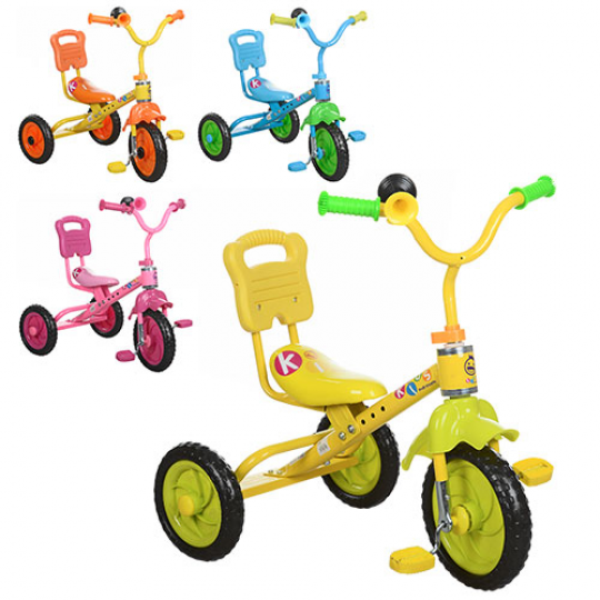 Велосипед M 1190 (4шт) 3 колеса, голубой, розовый, желтый (один цвет в ящике), клаксон Фото