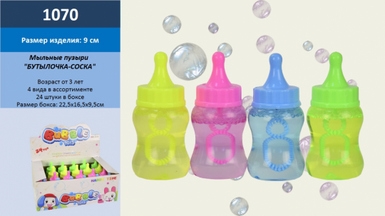Мыльные пузыри 1070 (9уп по 24шт) соски, 3 цвета, в боксе Фото