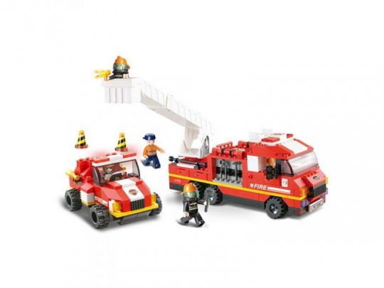 Конструктор SLUBAN M38-B0223 (12шт) пожарные спасатели,транспорт,фигурки,368дет,в кор,42,5-33-6,5см Фото
