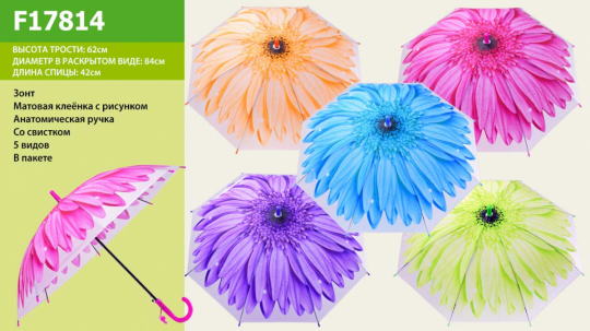 Зонт &quot;Цветок &quot; F17814 (100шт) 5 видов, со свистком, матовые, в пакете 54см Фото