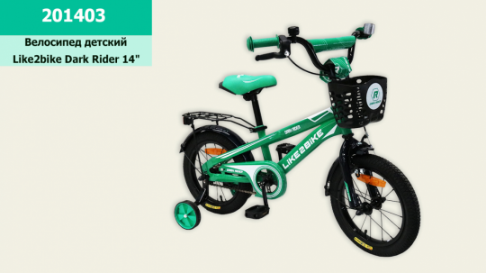 Велосипед детский 2-х колес.14'' Like2bike Dark Rider, зелёный/чёрная, рама сталь, со звонком, руч.тормоз, сборка 75 Фото