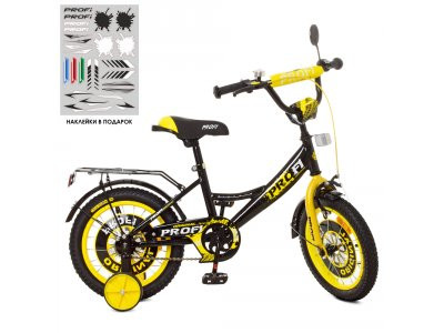 Велосипед детский PROF1 14д. XD1443 (1шт) Original boy,черно-желтый,свет,звонок,зерк.,доп.колеса